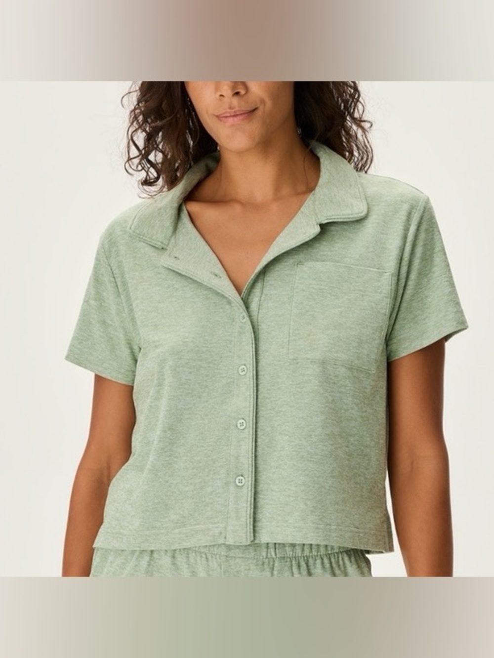 Outdoor Voices Green Cloudknit Short Sleeve Button Up Top